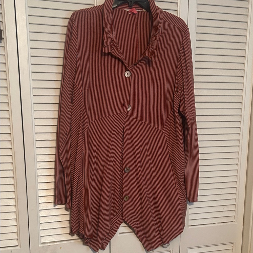 Soft Surroundings Maroon and Black Striped Button-Down Shirt
